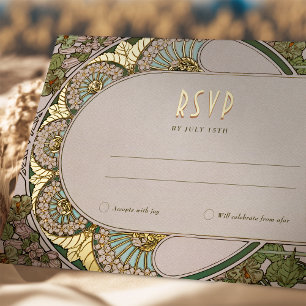 RSVP Gold Green Reply Vintage Art Nouveau Mucha Foil Holiday Postcard