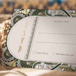 RSVP Gold Green Reply Vintage Art Nouveau Mucha Foil Holiday Postcard