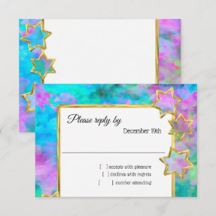 RSVP Gold Star Abstract Blue Green Pink Invitation