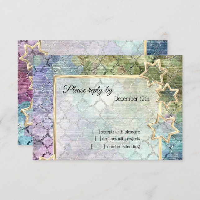 RSVP Gold Star Abstract Purple Green Blue Invitation (Front/Back)