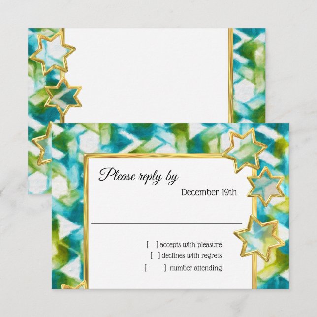 RSVP Gold Star Blue Green Damask Invitation (Front/Back)