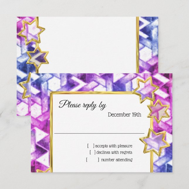 RSVP Gold Star Blue Purple Damask Invitation (Front/Back)