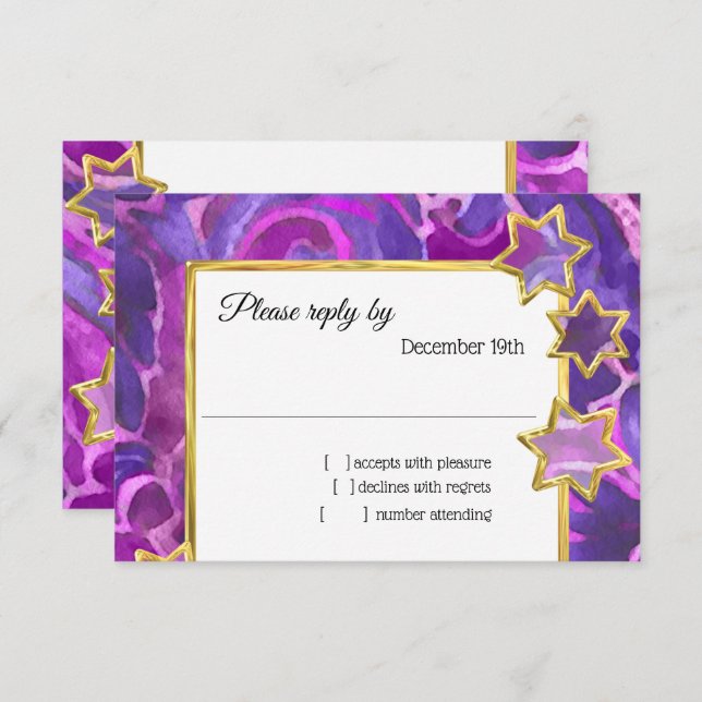RSVP Gold Star Purple Pink Damask Invitation (Front/Back)