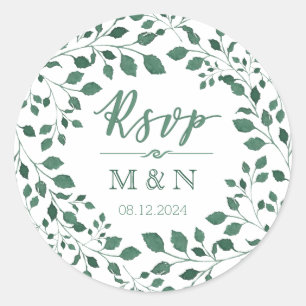 RSVP   Green Leaves Wreath Monogram Wedding Classic Round Sticker