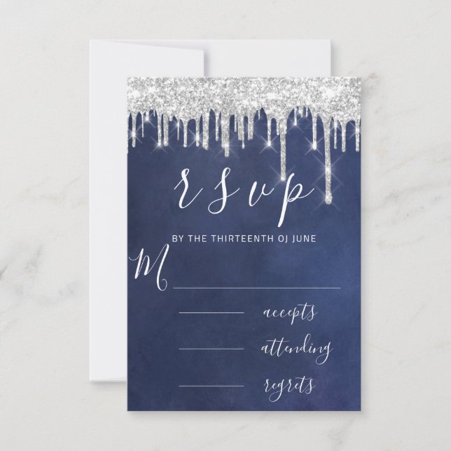 RSVP Grey Grey Silver Aqua Drips Wedding Blue Navy Card (Front)