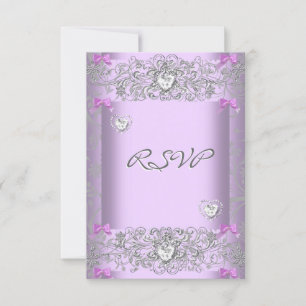 RSVP Lilac Damask Wedding White Diamond Hearts Card