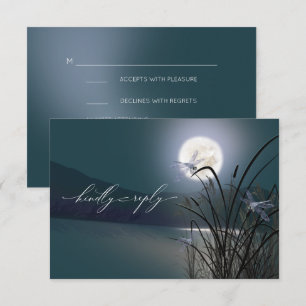 RSVP Menu Dusty Teal Full Moon Dragonfly Pond Invitation