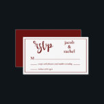 RSVP Modern Dark Red Burgundy Wedding RSVP Card<br><div class="desc">This design features a modern script RSVP graphic and space for the wedding couple's name. Click the customise button if you would like to move/scale the images and further modify the text! Variations of this design, additional colours, as well as coordinating products are available in our shop, zazzle.com/store/doodlelulu. Contact us...</div>