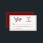 RSVP Modern Dark Red Burgundy Wedding RSVP Card<br><div class="desc">This design features a modern script RSVP graphic and space for the wedding couple's name. Click the customise button if you would like to move/scale the images and further modify the text! Variations of this design, additional colours, as well as coordinating products are available in our shop, zazzle.com/store/doodlelulu. Contact us...</div>