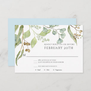 RSVP Modern Simple Blue Watercolor Eucalyptus Invitation