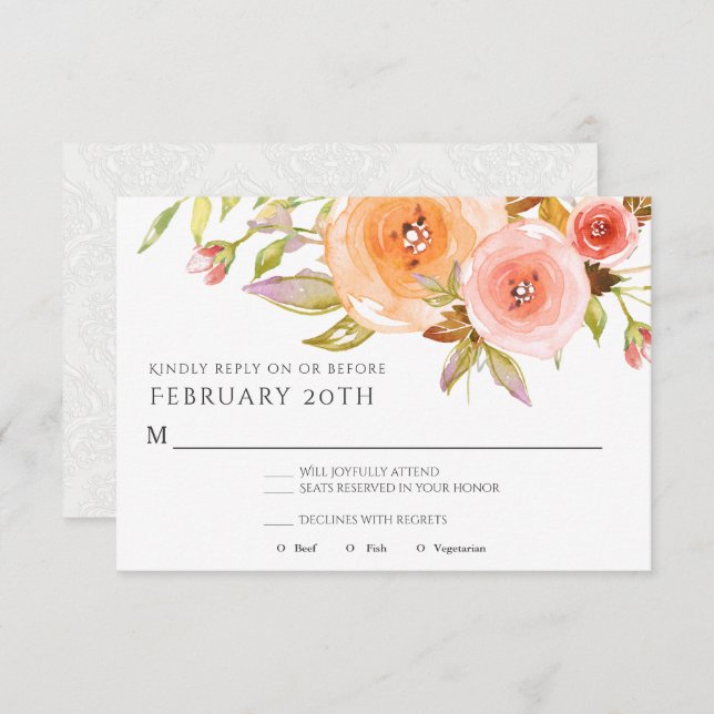 RSVP Modern Watercolor Peach Floral Damask Wedding Invitation (Front/Back)