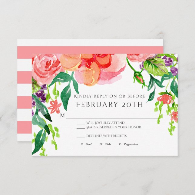 RSVP Modern Watercolor Rose Floral Striped Wedding Invitation (Front/Back)