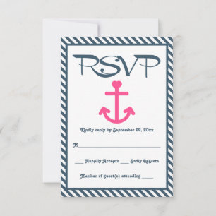 RSVP Nautical Pink Anchor Navy Blue Stripe Wedding Card