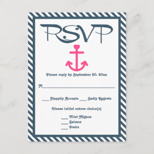 RSVP Nautical Pink Anchor Navy Blue Stripe Wedding Invitation Postcard