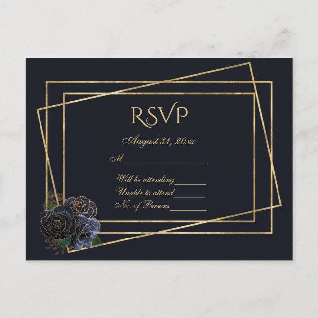 RSVP Navy and Gold With Navy and Gold Glam Roses Postcard (Front)