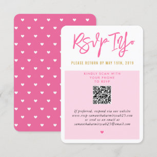 RSVP ONLINE pretty pink white hearts gold qrcode Card
