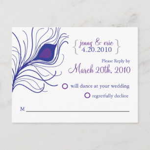 RSVP Peacock Feather Wedding Postcard Blue purple