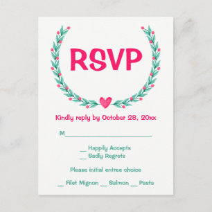RSVP Pink Green Watercolor Laurel Leaf Wreath Invitation Postcard
