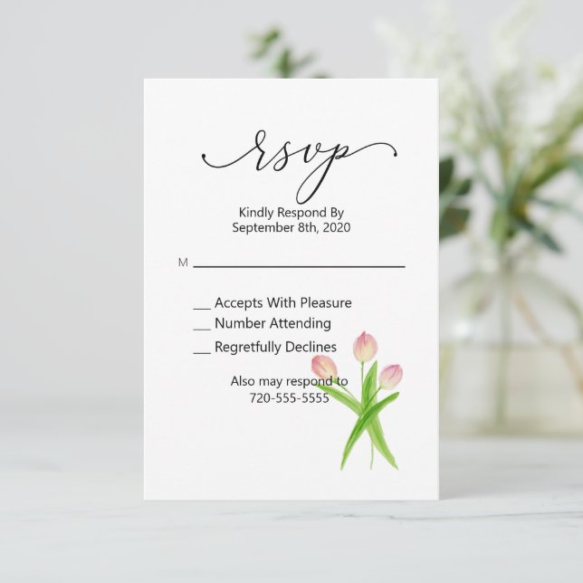 RSVP Pink Tulip Watercolor Floral Card (Standing Front)
