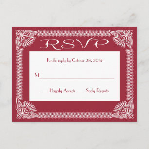 RSVP Postcard Red Burgundy And White Floral Frame
