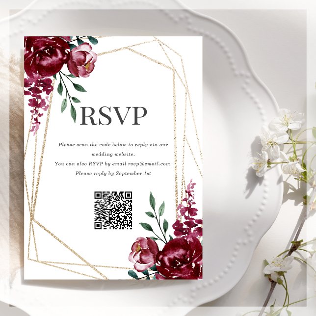 RSVP QR Code | Burgundy | Marsala Red Floral  Enclosure Card (Creator Uploaded)