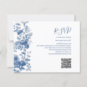 RSVP QR Code French Floral Toile Blue Wedding  Card
