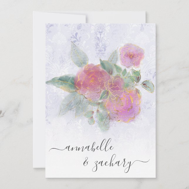 *~* RSVP - QR Damask Floral Rose Gold AR12 Wedding Invitation (Front)