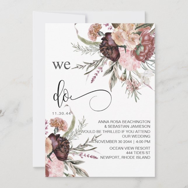 *~* RSVP QR Floral Maroon Rose AR15 WEDDING Invitation (Front)