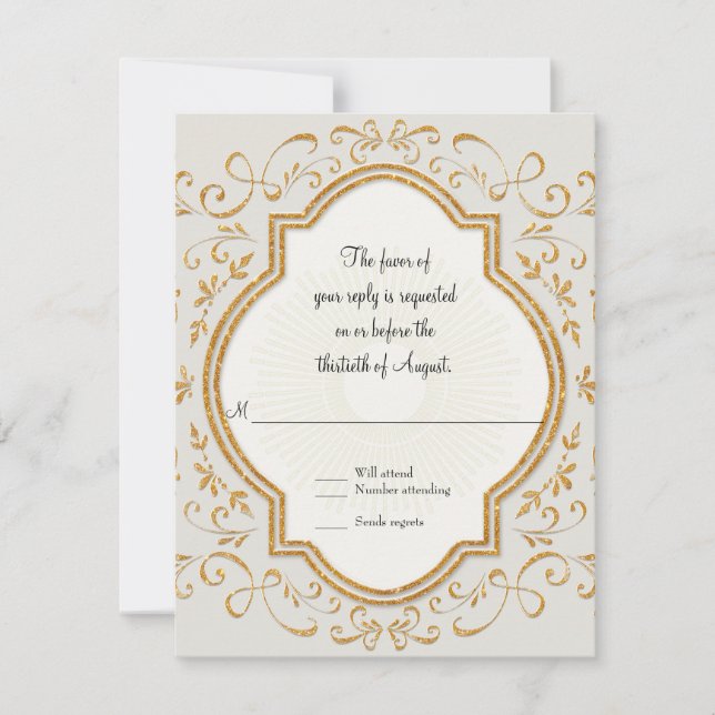 RSVP Quatrefoil Frame Script Swirl Gold Glitter (Front)