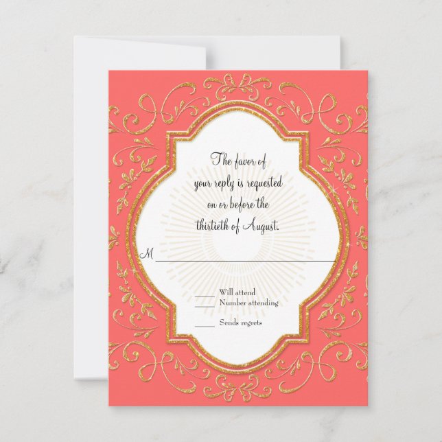 RSVP Quatrefoil Frame Script Swirl Gold Glitter (Front)