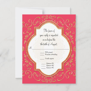 RSVP Quatrefoil Frame Script Swirl Gold Glitter Card