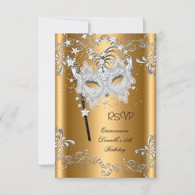 RSVP Quinceanera 15th Birthday Gold Masquerade (Front)