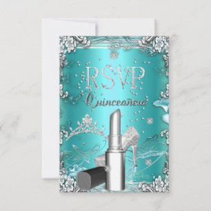 RSVP Quinceanera Party Teal Tiara Lipstick Shoe Card