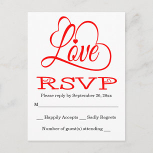 RSVP Red And White Love Hearts Wedding / Party Car Invitation Postcard