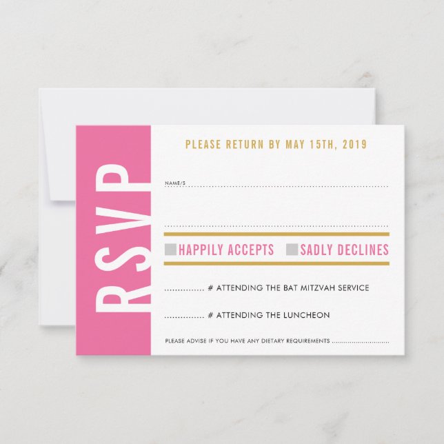 RSVP REPLY CARD cute pretty pink white hearts gold (Front)