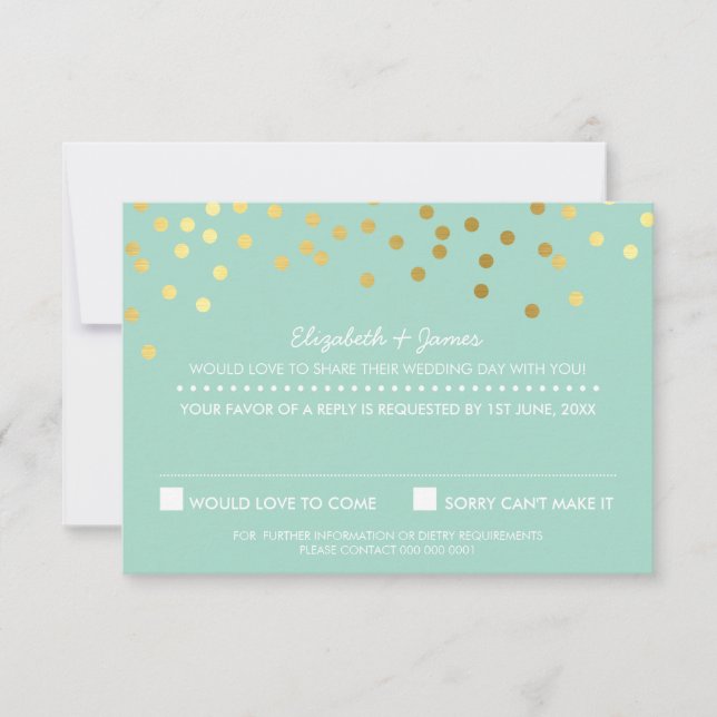 RSVP REPLY cute gold foil confetti pastel mint (Front)