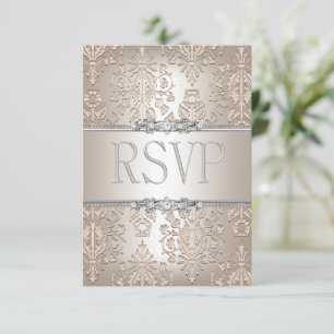RSVP Reply Elegant Damask Cream Silver Floral Card