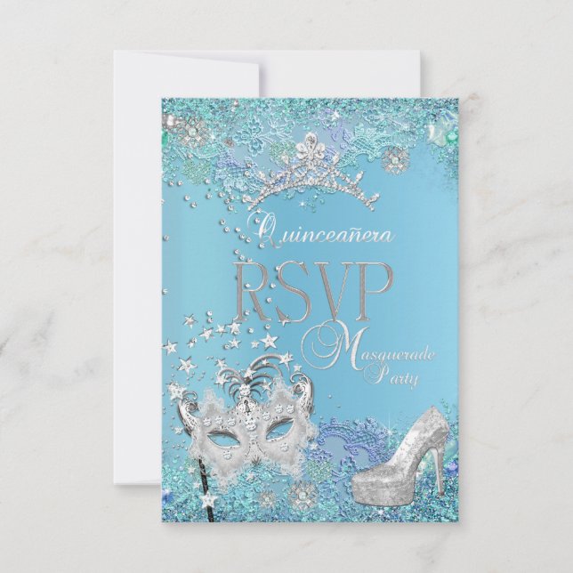 RSVP Reply Masquerade Quinceanera Blue Tiara Shoe Card (Front)