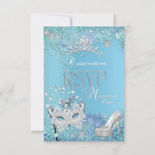RSVP Reply Masquerade Quinceanera Blue Tiara Shoe Card
