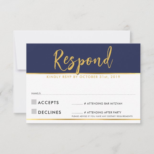 RSVP REPLY modern simple navy blue gold (Front)