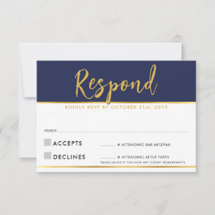 RSVP REPLY modern simple navy blue gold Card