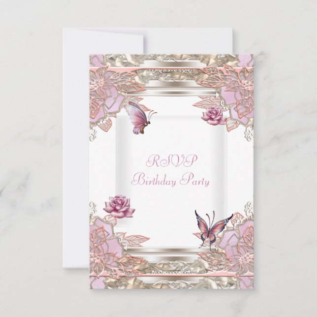RSVP Reply Party Pink Rose White Butterfly (Front)