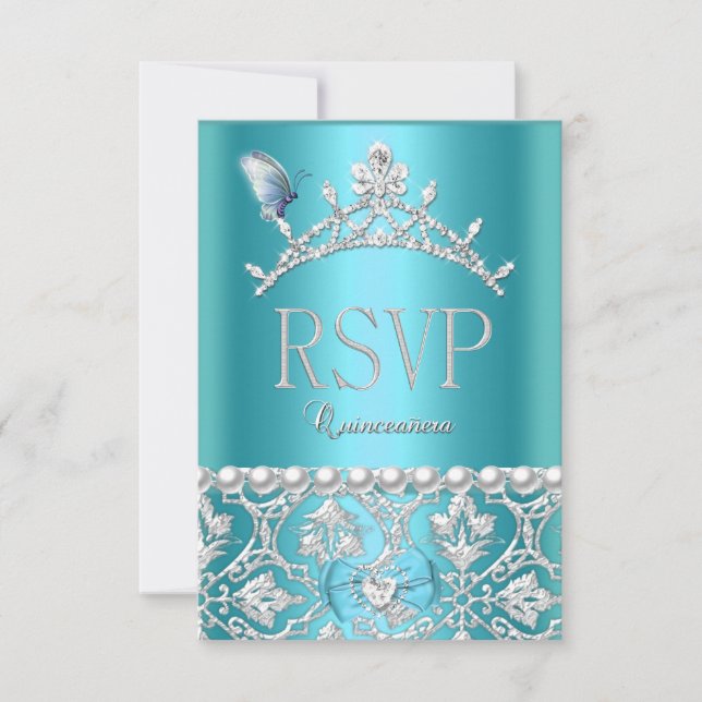 RSVP Reply Quinceanera 15th Blue Damask Butterfly Card (Front)