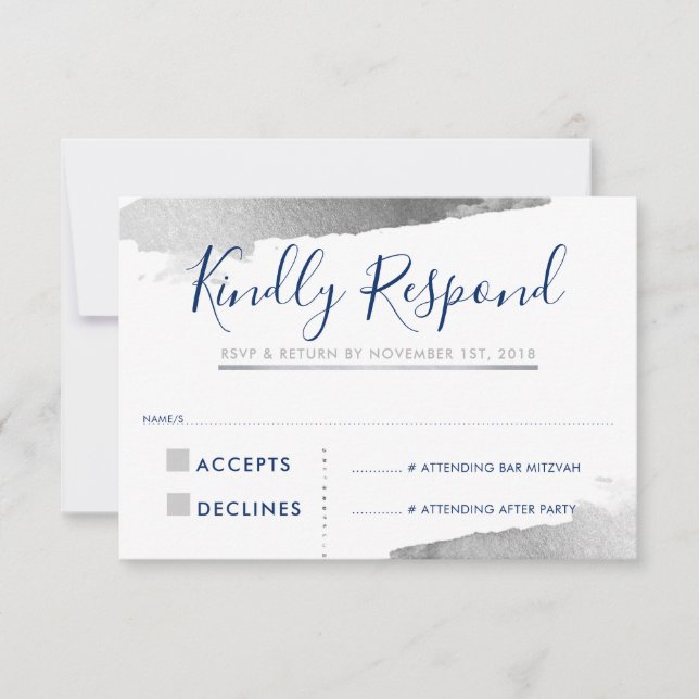 RSVP REPLY RESPONSE CARD gilded silver navy blue (Front)