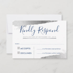 RSVP REPLY RESPONSE CARD gilded silver navy blue