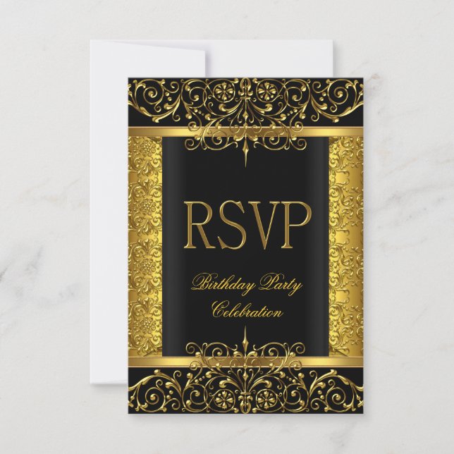 RSVP Reply Response Damask Black Gold On Gold (Front)