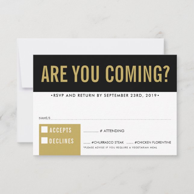 RSVP REPLY RESPONSE fun bold block black old gold (Front)