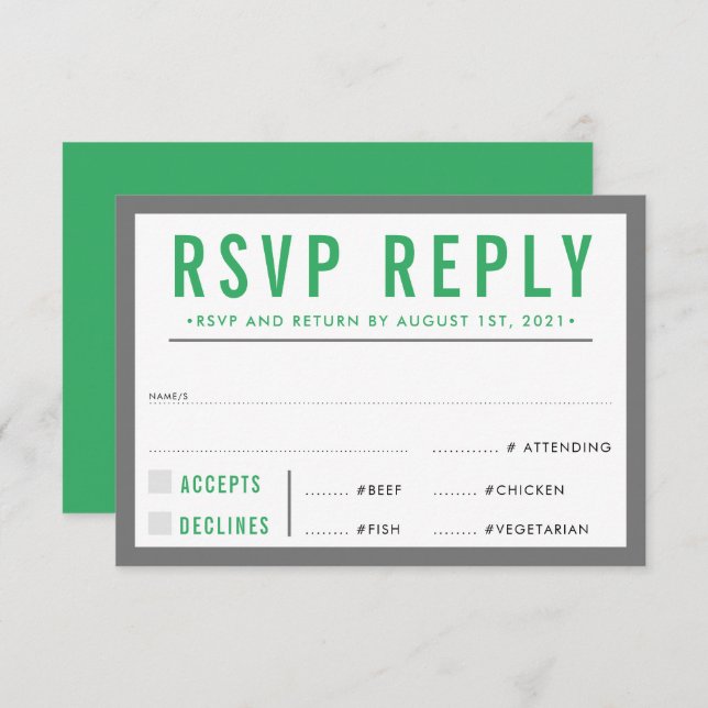 RSVP REPLY RESPONSE modern bold boy grey green (Front/Back)