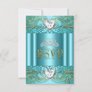 RSVP Reply Response Teal Blue Gold Quinceanera