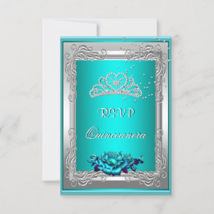 RSVP Reply Response Teal Silver Roses Quinceanera